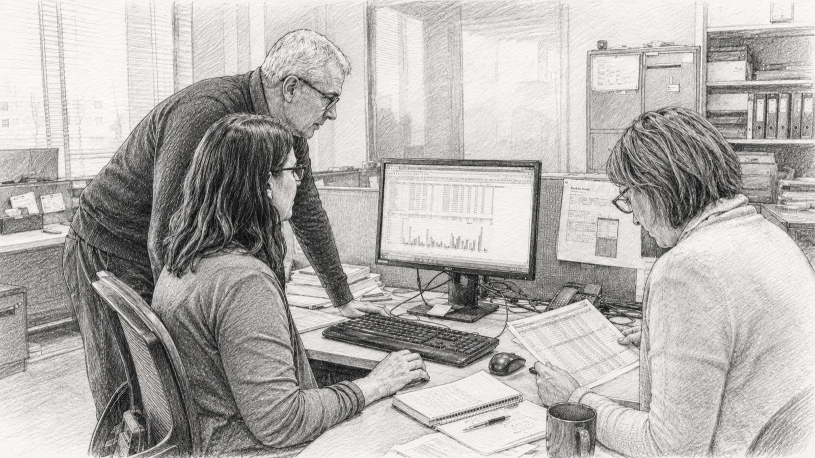 An analytics team at work inside a regulated organization: two analysts at a workstation reviewing a spreadsheet and chart while a colleague looks on