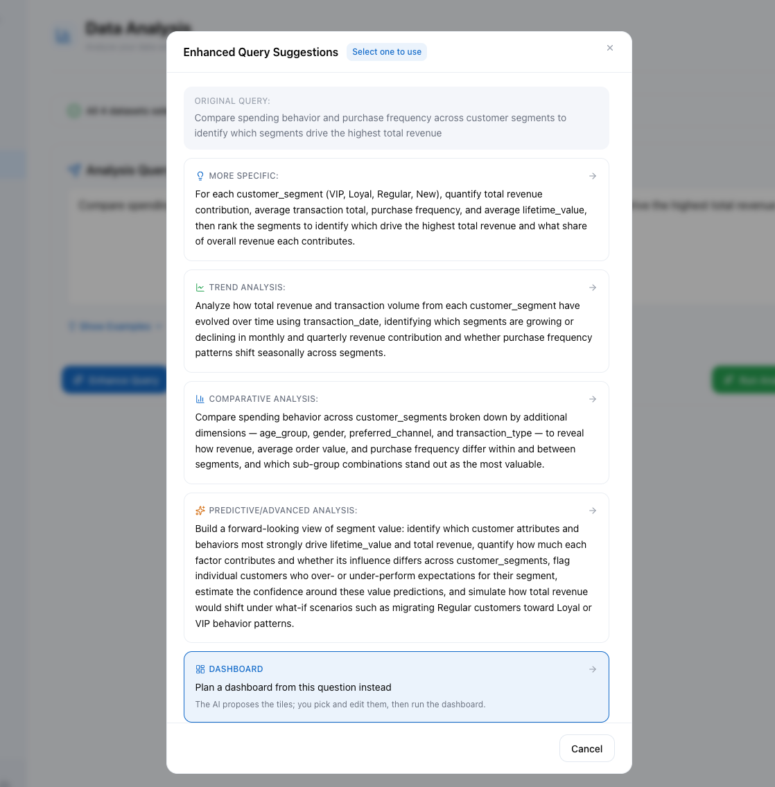 Enhanced Query Suggestions: the original question and four sharper versions, plus a Dashboard option